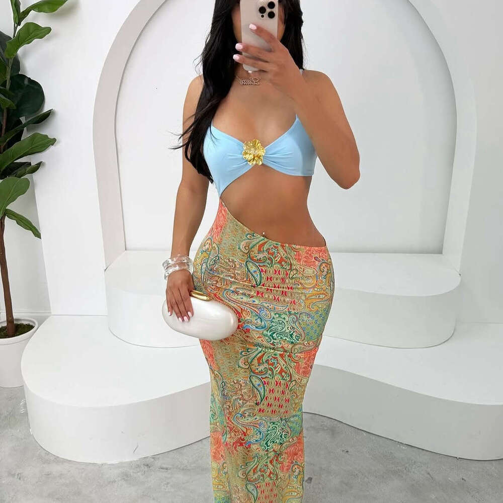 Summer New Women's Sexy Printed Strapless Backless Slim Fit Asymmetrical Long Dress B5