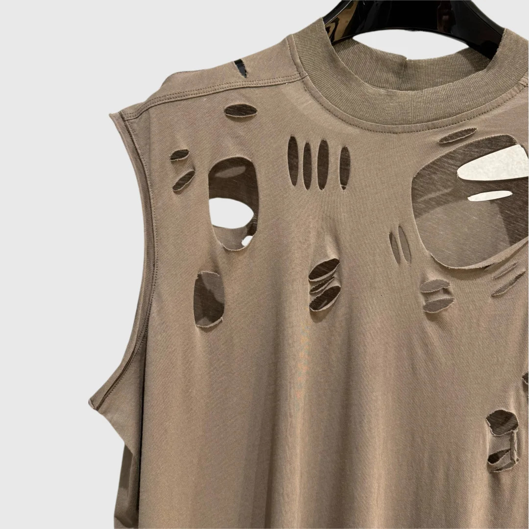 High Street Dark Ro Tees T-shirt Mens Cotton Sleeveless Hollowed Out Perforated Personalized Trendy Tanks Oversized T Shirt 250617
