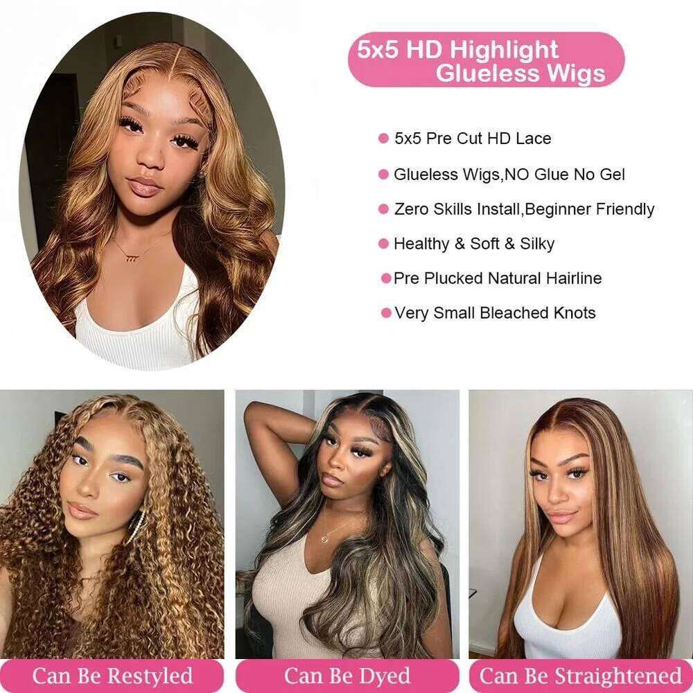 Ombre Highlight Glueless Wigs Human Hair Plucked Pre Cut Wear and Go 5x5 HD Lace Closure Body Wave Wig P427 Honey Blonde
