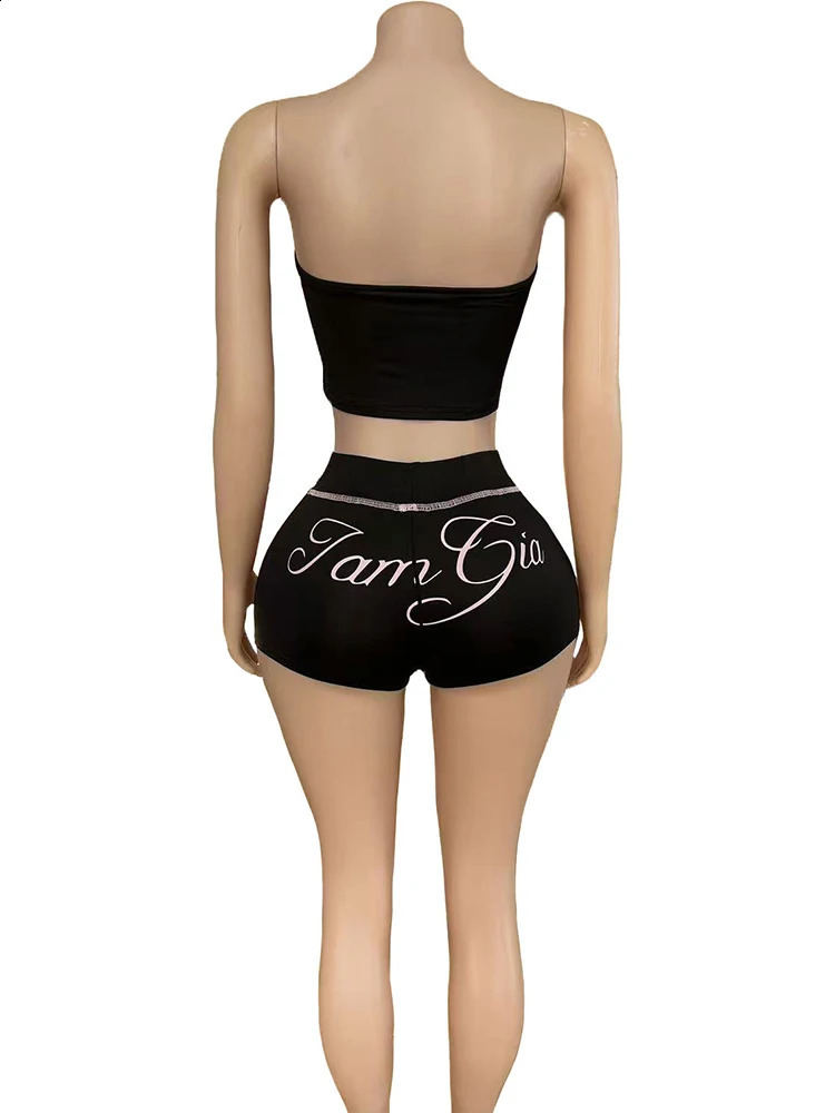 Weird Puss Letter Print Women 2 Piece Set Tracksuit Letter Print Strapless TosShorts Matching Streetwear Skinny Stretch Outfits 250617
