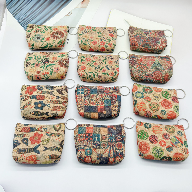 12pcs Coin Purses Women Cork Leather Ball Flower Printing Zipper Short Wallet Mix Color