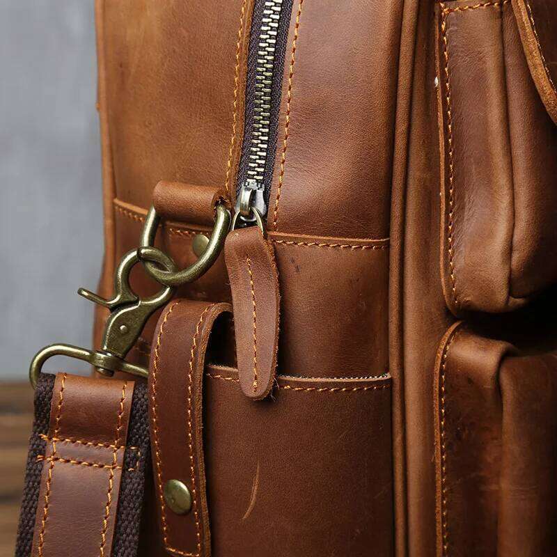 Retro Men's Handbag Top Layer Cowhide Briefcase Large Capacity Travel Crazy Horse Leather Laptop Shoulder Bag NZPJ