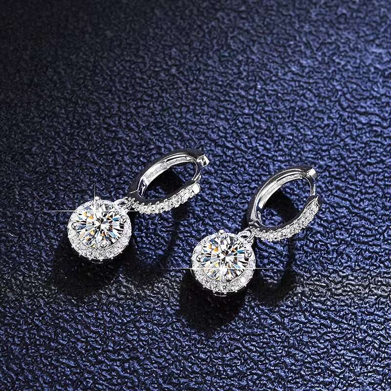 Factory Wholesale 925 Sterling Silver Jewelry Plated Pt950 Gold Fine 1 Carat Round Brilliant Cut Moissanite Earrings for Women