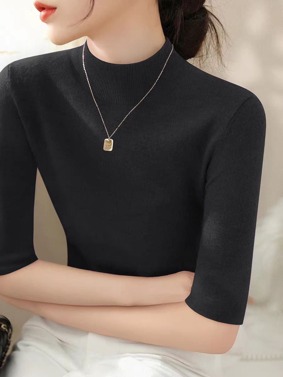 Spring and Autumn Women's T-shirt simple French temperament solid color five-quarter sleeve bottoming shirt