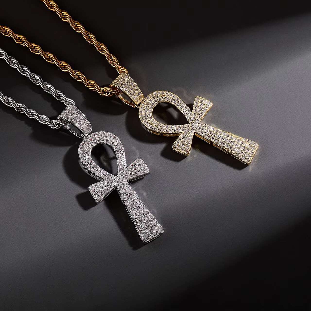 New Trend 14k Gold 925 Silver Hip Hop Style African Egyptian Ankh Cross Moissanite Pendant Chain Necklace Inspired African