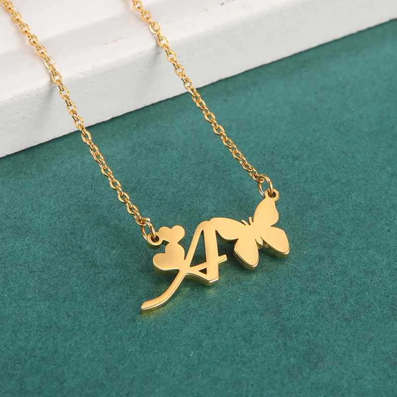 New Fashion 26 Initials Letter Pendant Butterfly Necklace for Women Elegant Stainless Steel Gold Color Necklace Jewelry Gift W250618