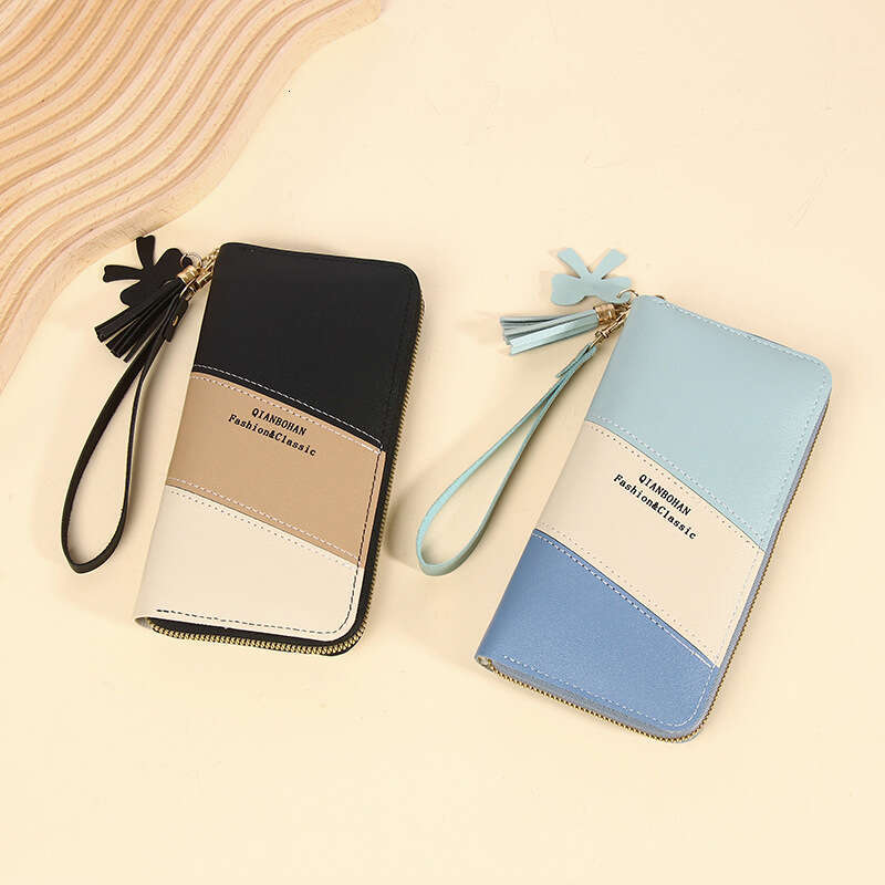 New Style Long Wallet Women, Zipper Purse for Female Students, Korean Version, Color-Block Tassel Versatile Handheld Phone Bag