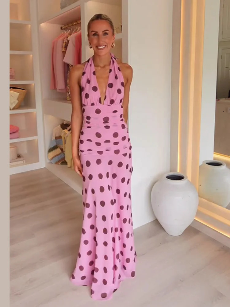 Pink Chiffon Polka Dot Printing Halter Maxi Dress Women Elegant Sleeveless Backless Skinny Pleated Robe Beach Evening Party Gown 250617