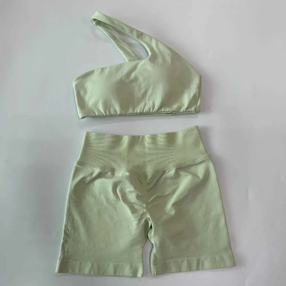 2 Lanyi edited seamless yoga sets with leaves one shoulder bra high waisted gym shorts running clothes activity clothesW250411