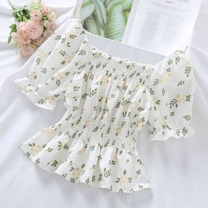 Sweet Broken Flower Slash Neck Women Blouse Agaric Edge Pleat Design Slim Elastic Waist Cropped Top Cute Chiffon T-Shirt Summer