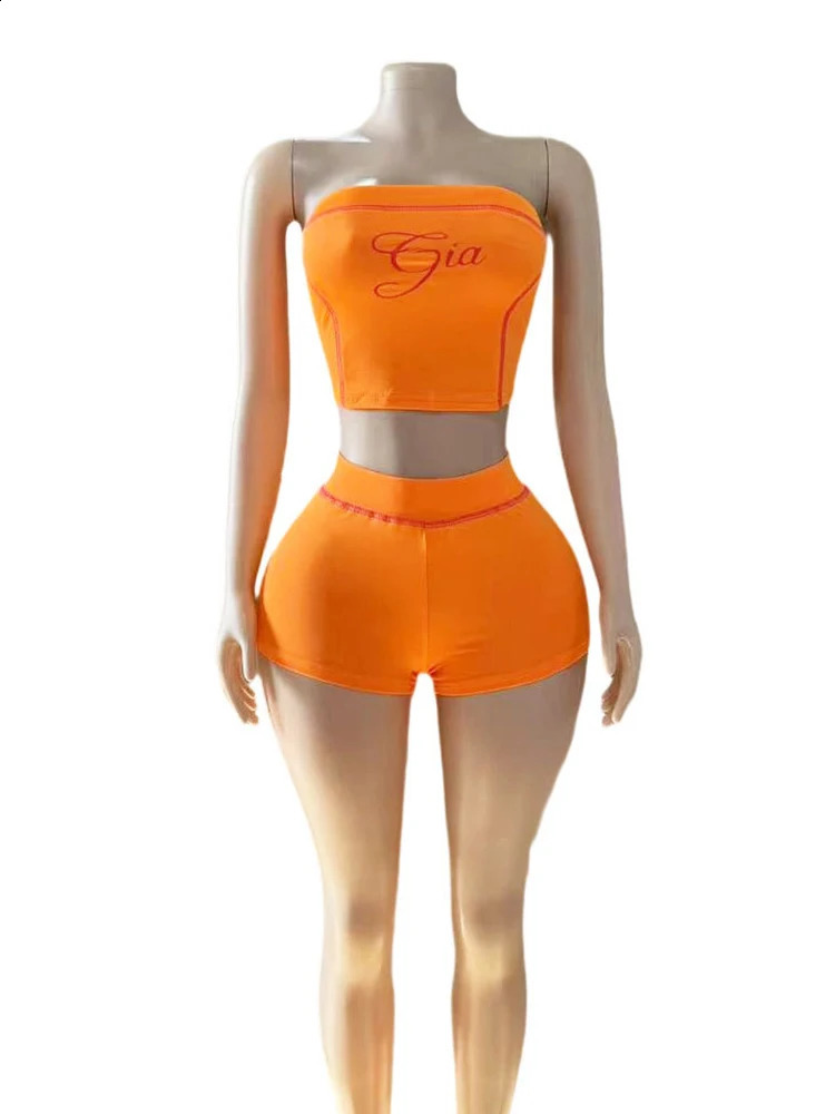 Weird Puss Letter Print Women 2 Piece Set Tracksuit Letter Print Strapless TosShorts Matching Streetwear Skinny Stretch Outfits 250617