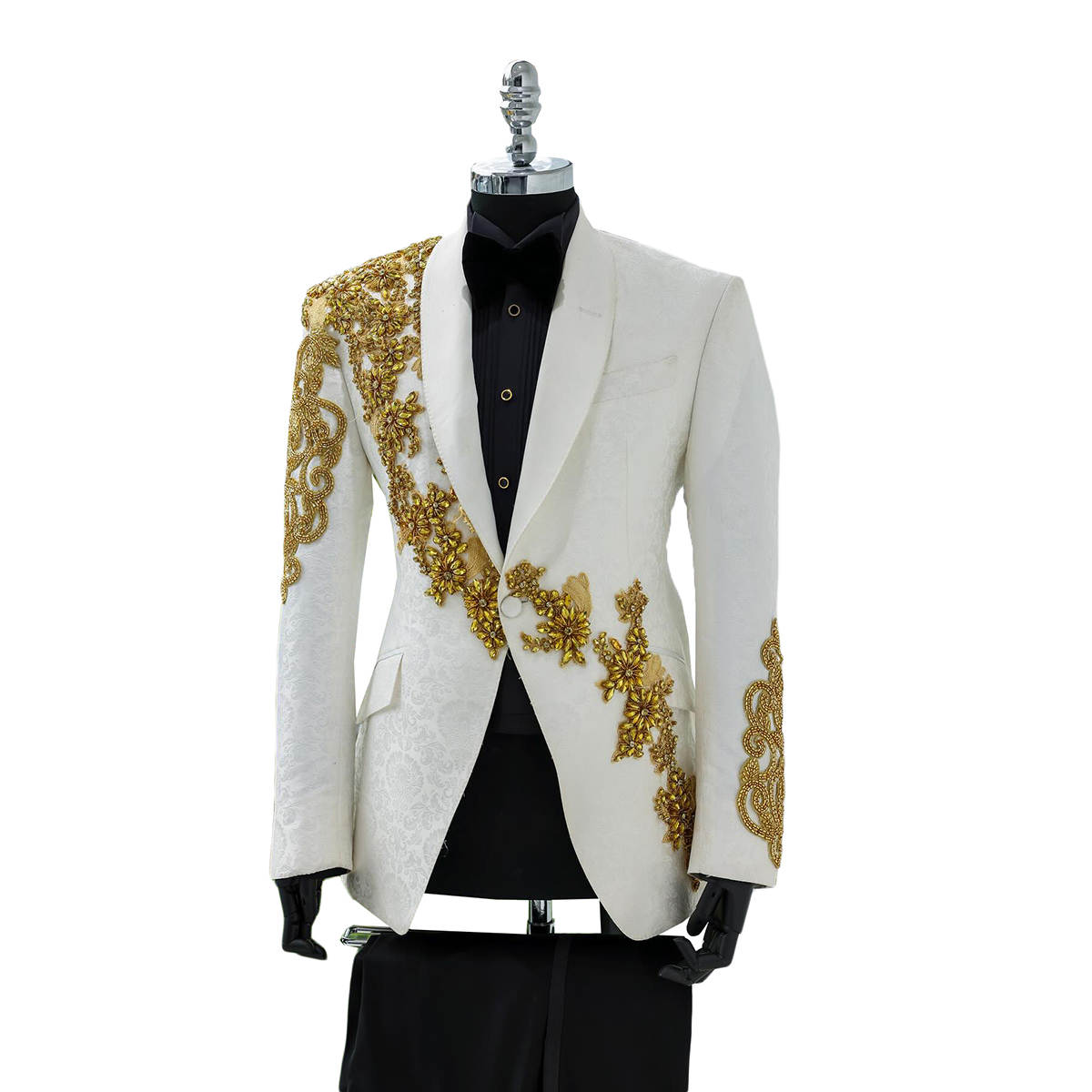 Jacquard Men Suits 2 Pieces Blazer Pants One Button Diamonds Beadings Appliques Prom Formal Wedding Groom Plus Size Tailored Plus Size para hombre Tai