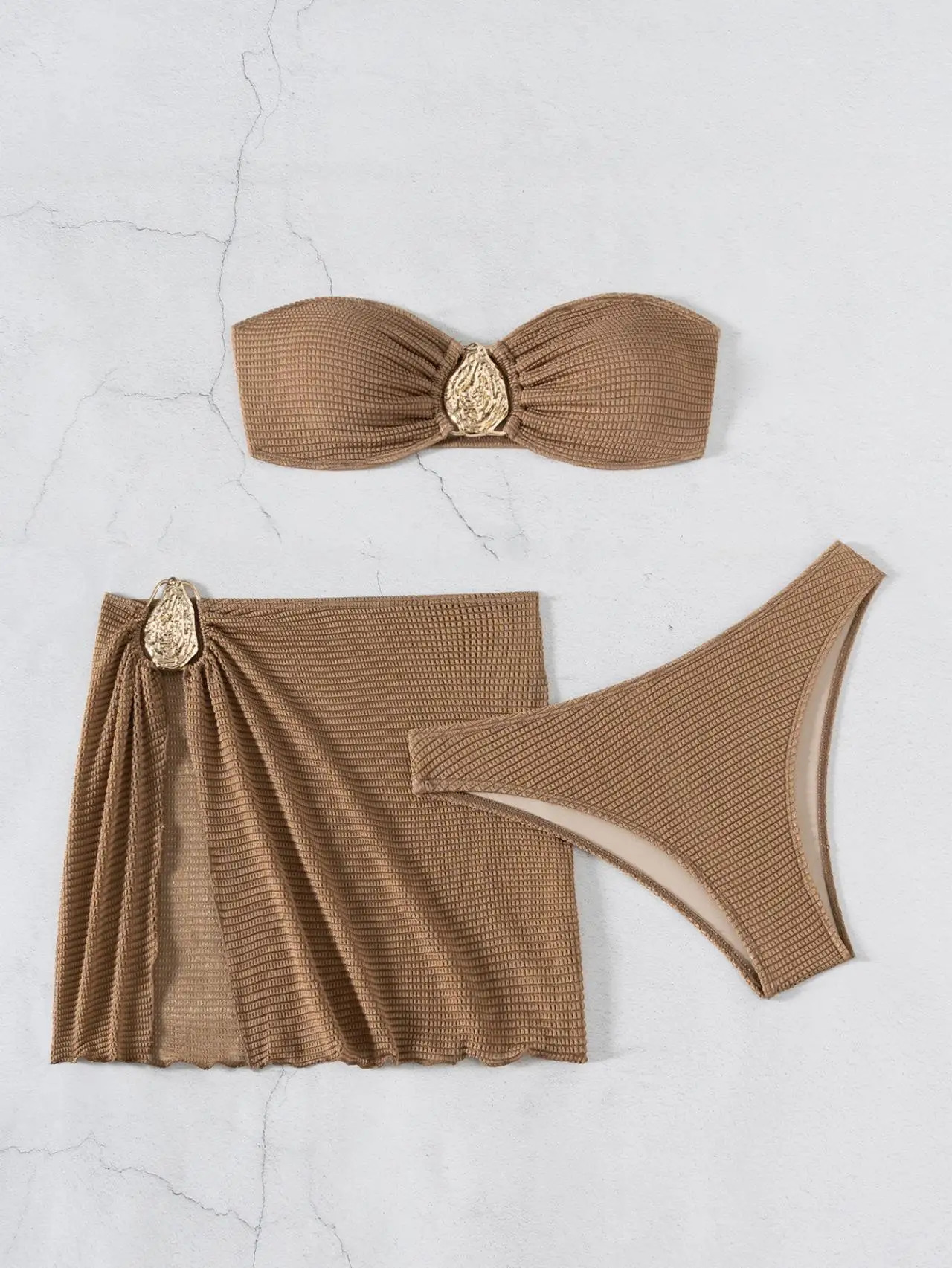 Sexy Bandeau Bikini Women Coffee Metal Water Droplet Ornament Push Up Mesh Skirt 3 Piece Swimsuit Beach Bathing Suit Swimwear 250618