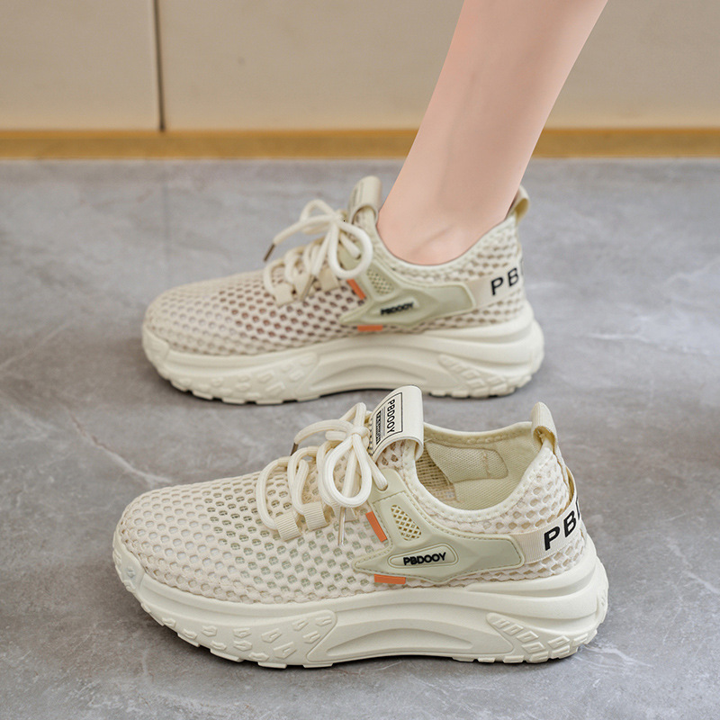 Summer Women's New Breathable Hollow Mesh Korean Style Versatile Thick Sole Flyknit Sneakers Casual Dad Shoes ddmythur