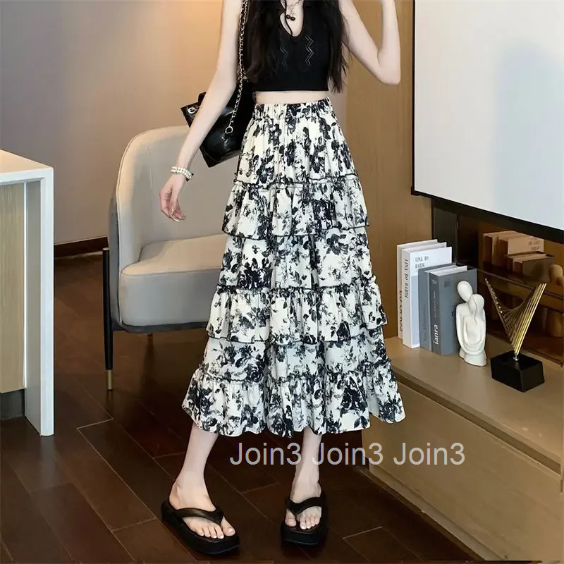Midi Ruffle Skirts for Women Floral Patchwork Woman Skirt Clothing Sales Casual Premium 2025 Trend A Line Streetwear New in V
