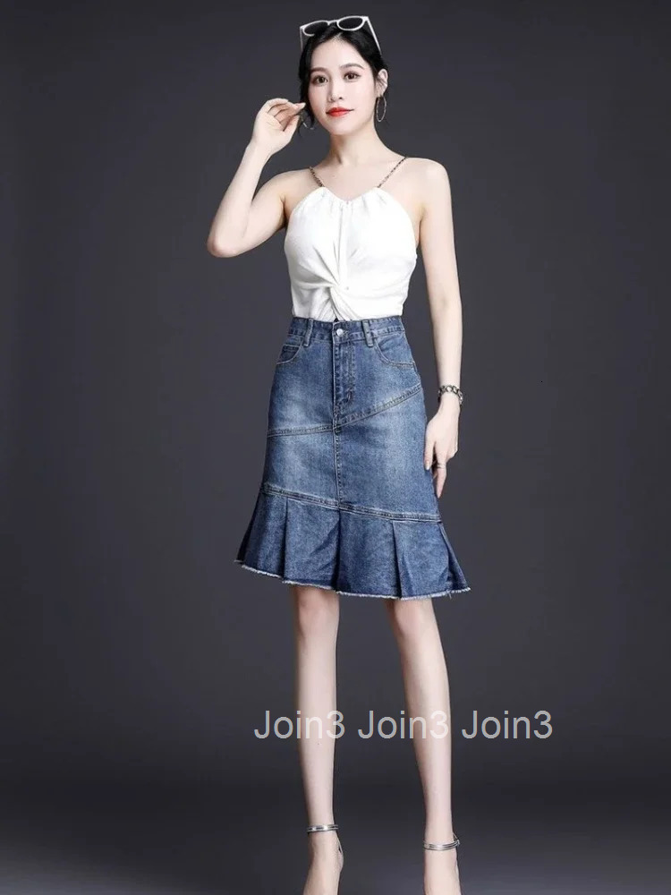 With Pocket Ruffle Womens Denim Skirt Zipper Blue Midi Chubby To Knees Length Female Jeans Skirts High Waist Y2k Vintage Cheap