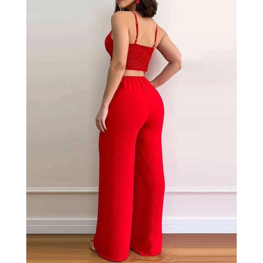 Wear Summer Women Sexy Cutout Shirred Open Back Spaghetti Strap Straight Leg Pants Jumpsuit