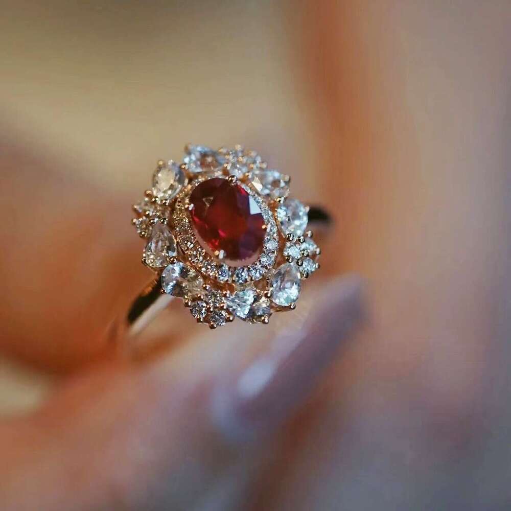 High-end Exquisite Colorful Gem Red Hollow Diamond for Women Super Beautiful French Simple Open Finger Ring