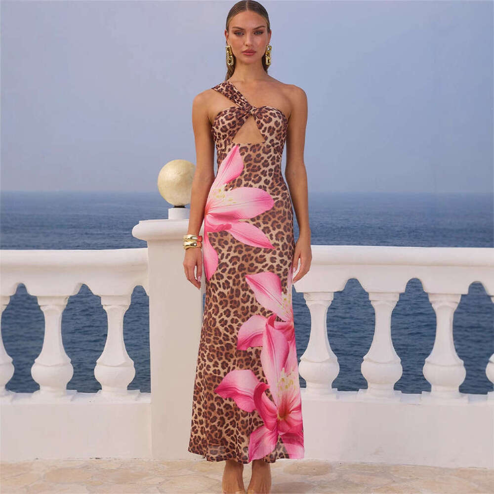 New Stylish And Versatile Leopard Print Slim Fit Sexy Backless Long Dress For Women B5