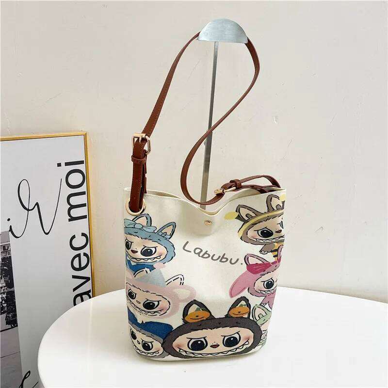 Labubu Bag Cartoon LABUBU Canvas For Students Large Capacity Commuting One Shoulder Bucket Crossbody Bag Anime Gift