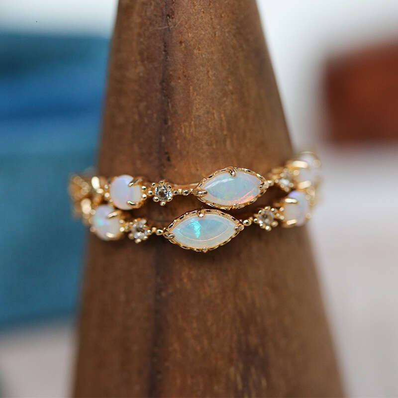 Light Luxury Style Palace Natural Opal Protein Stone Hollow Pattern Ring for Women Ins