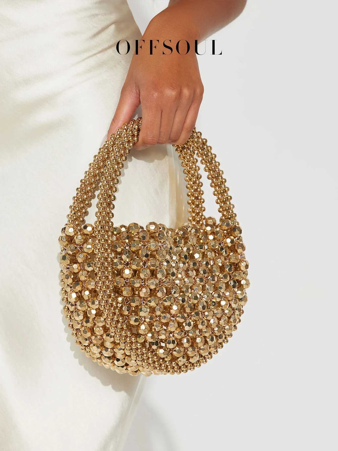 Hollow Hand-Made Metal Sense Gold Beads Woven Handbag Half-Round String Beads Pearl Bag Round Handbag Z250618