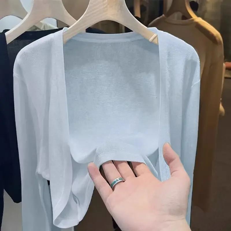 Summer Short Ice Silk Knitted Sun Protection Cardigan Womens Thin Suspender Skirt Layered Gauze Jacket Air-conditioned Cover Up 250617