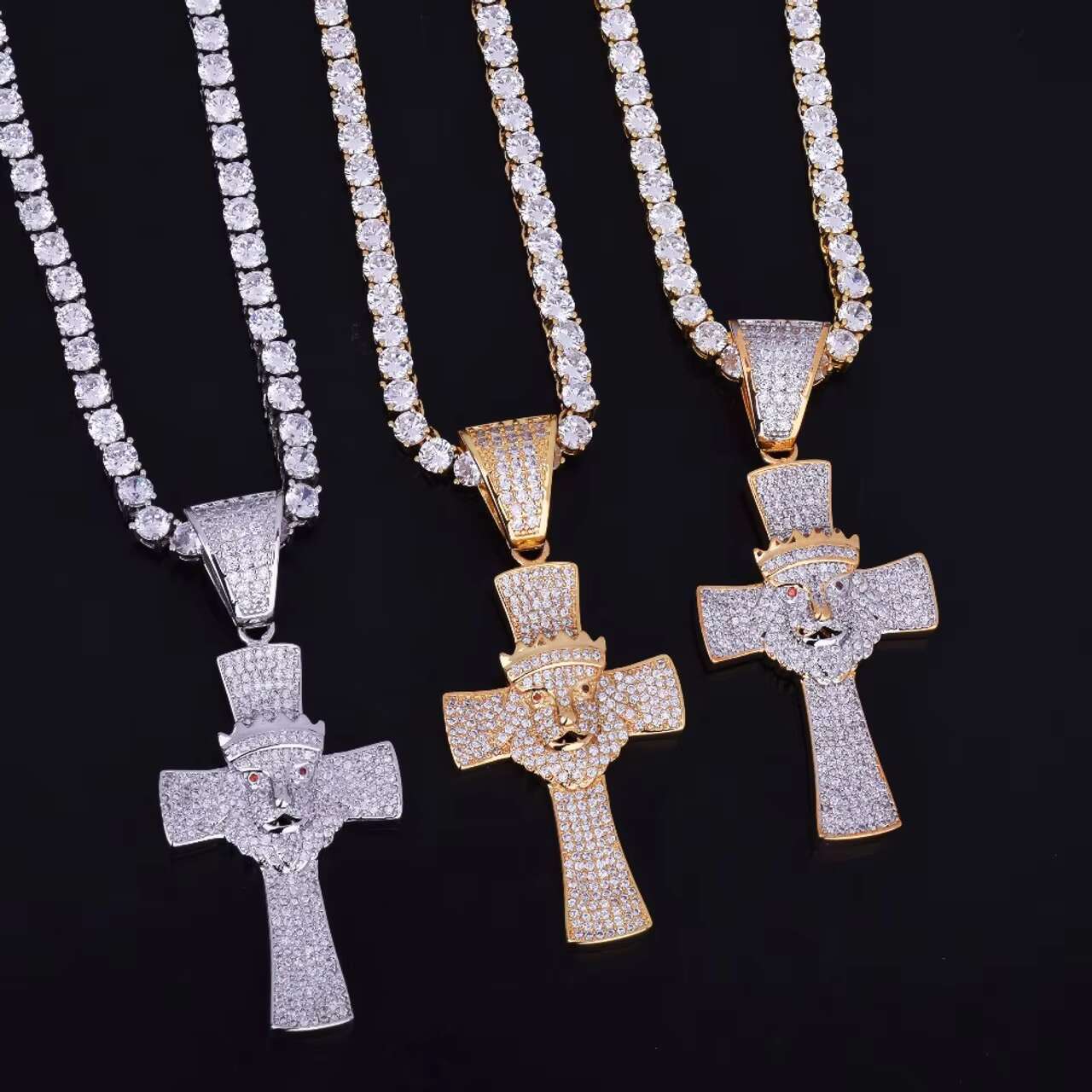 Trendy New Arrivals 18K Gold .925 Silver Lion Crown Iced out Cross Pendant Chain Necklace Design Inspired by the Lion of Judah