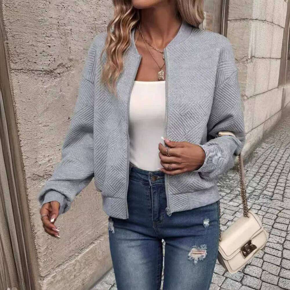 Jacket, for women, with zipper, solid color, fashionable, European and American style, 2024