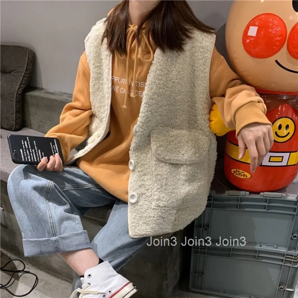 Lamb Plush Solid Color Korean Style Lady Giletes Autumn Warm Cold Clothes Fashion 2025 Womens Vests Coats on Sale Sleeveless