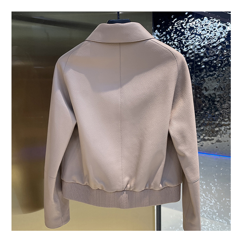 Chic Autumn Collection: Sleek Ladies' Leather Coat w/ Stand-Up Collar