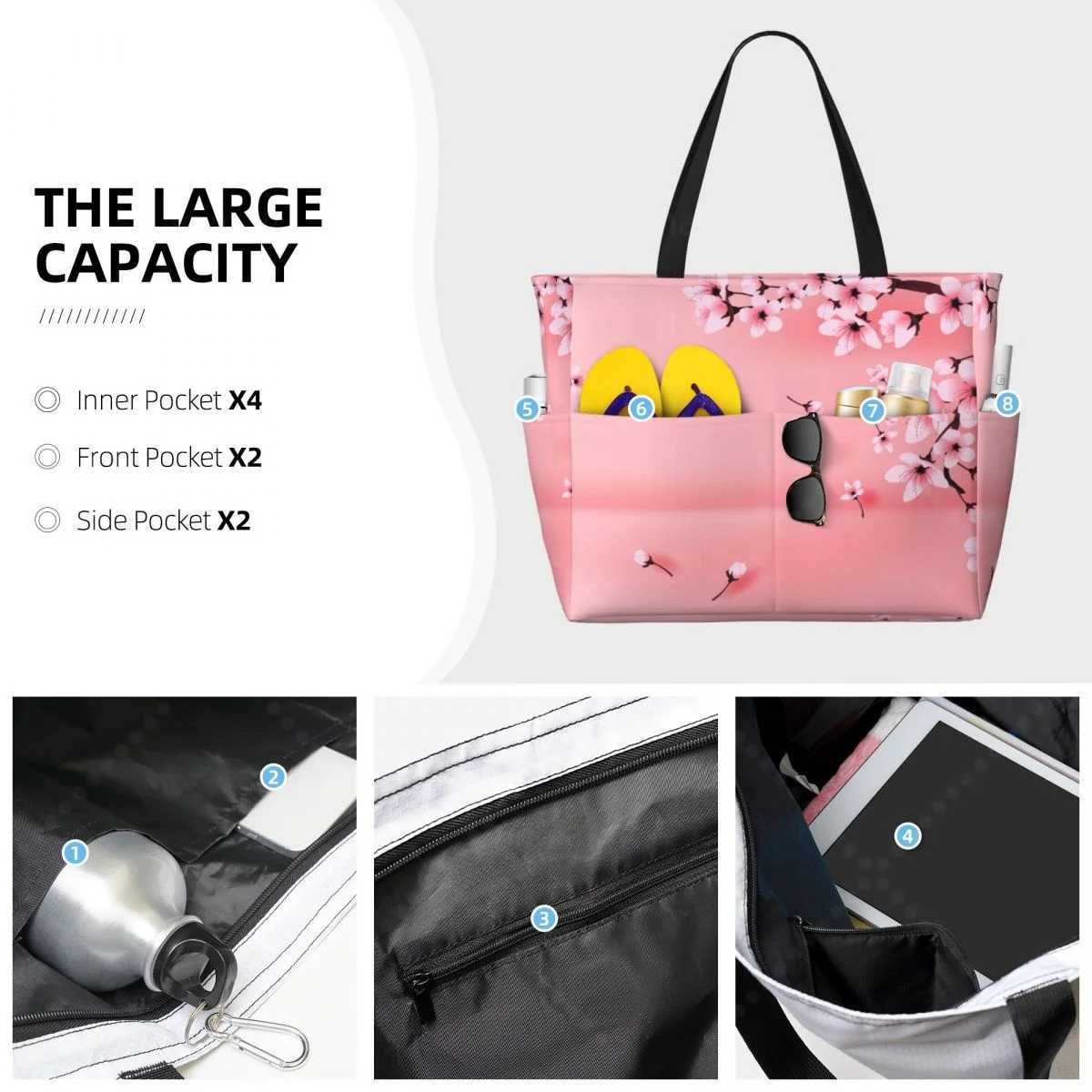 Japanese Sakura Branch Travel Tote Bag Large Sandproof Beach Bag with Zipper and Pockets for Wens Brother Gym and Travel B250618