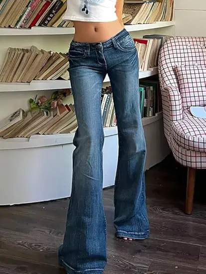 Fashion Womens Denim Flare Leg Jeans 90s Low Rise Vintage Pants Club Street Style S M L 250617