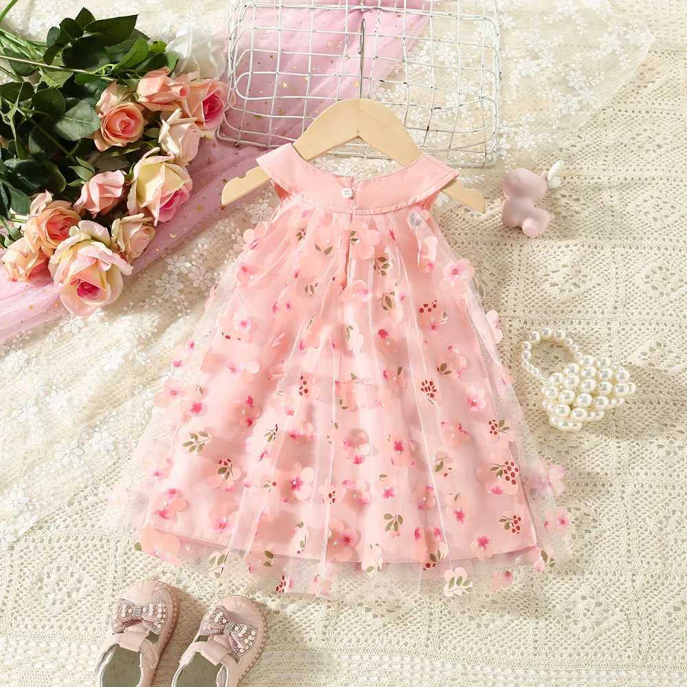 (0-3 Years Old) Summer Mesh All Over Flower Bow Baby Girl Dress Cute Sleeveless Girl Princess DressC250617