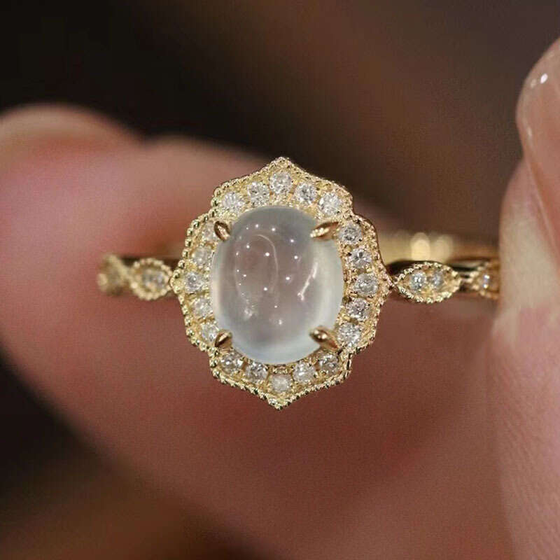 New High-End Romantic White Chalcedony Same Style Open Luxury Inlaid with Cabochon Ice Type Versatile Ring