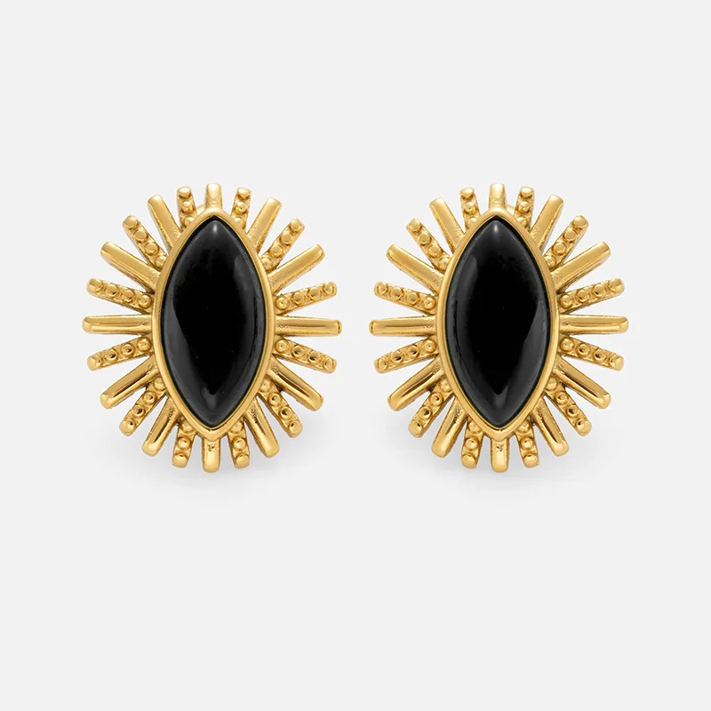 Black stone agate eye stud earrings stainless steel earrings for women elegant statement vintage jewelry non tarnish 250618