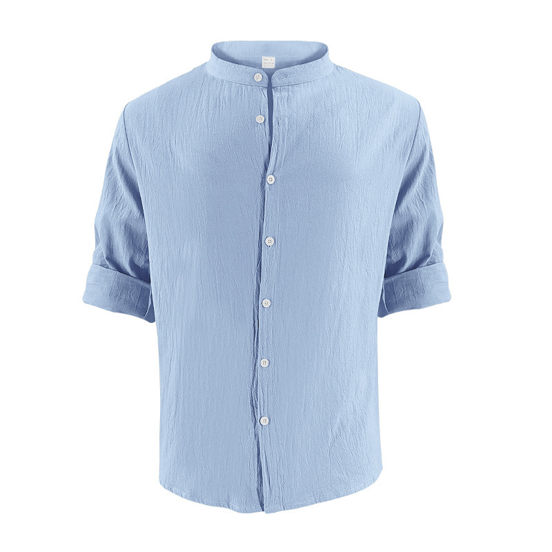 designer t shirt Men's Hawaiian long-sleeved shirt with cotton and linen stand-up collar, breathable Henry collar, casual long-sleeved top Europe