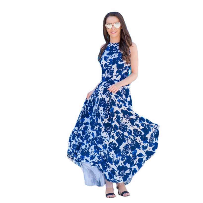 European and American parent-child long dress, summer sleeveless new blue and white porcelain dress long style high waist big swing mother and woman s