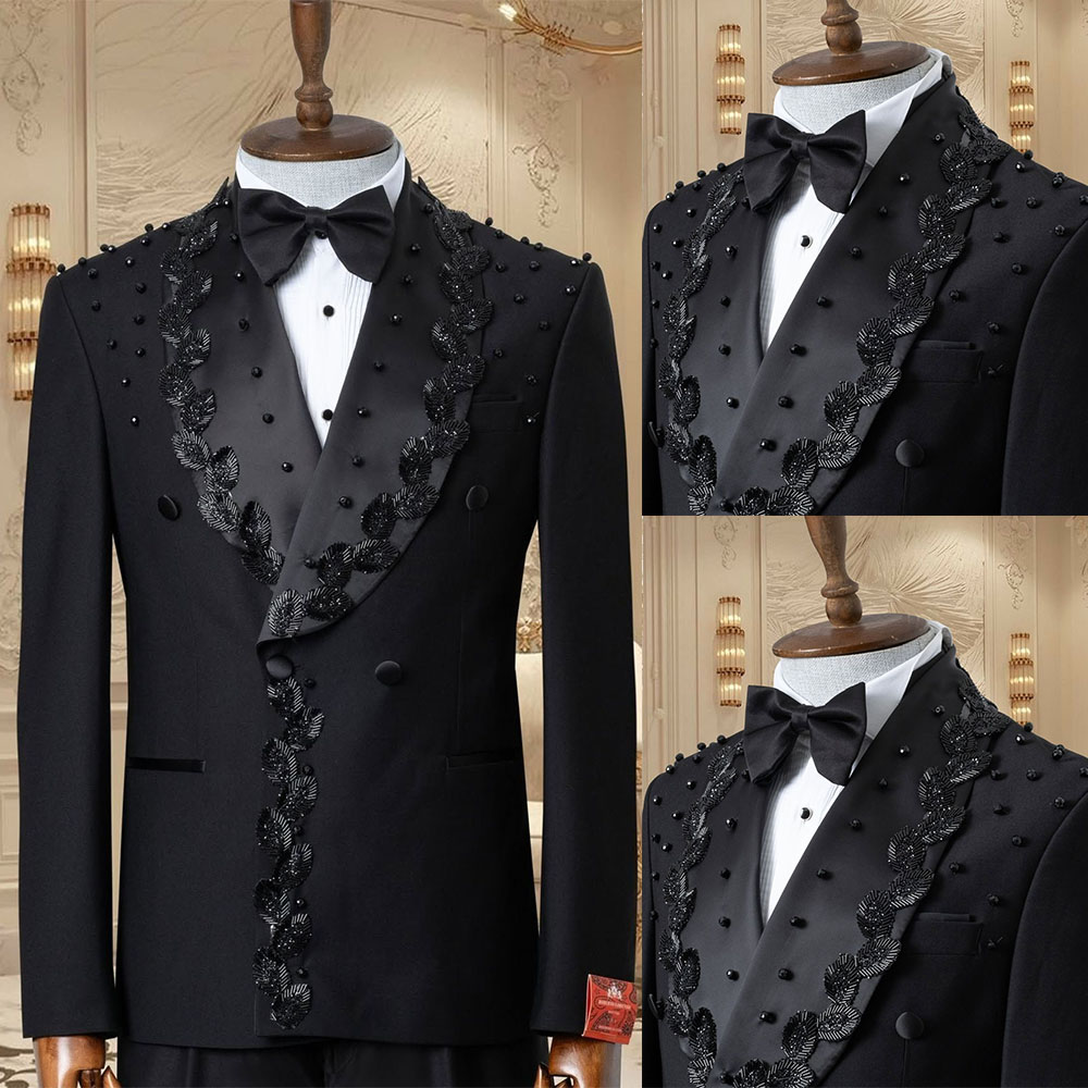 Fashion Men Suits Tailor-Made Shawl Lapel 2 Pieces Set Sequins Jacket Blazer Beading Double Breasted Groom Customized Coat Pants Plus Size