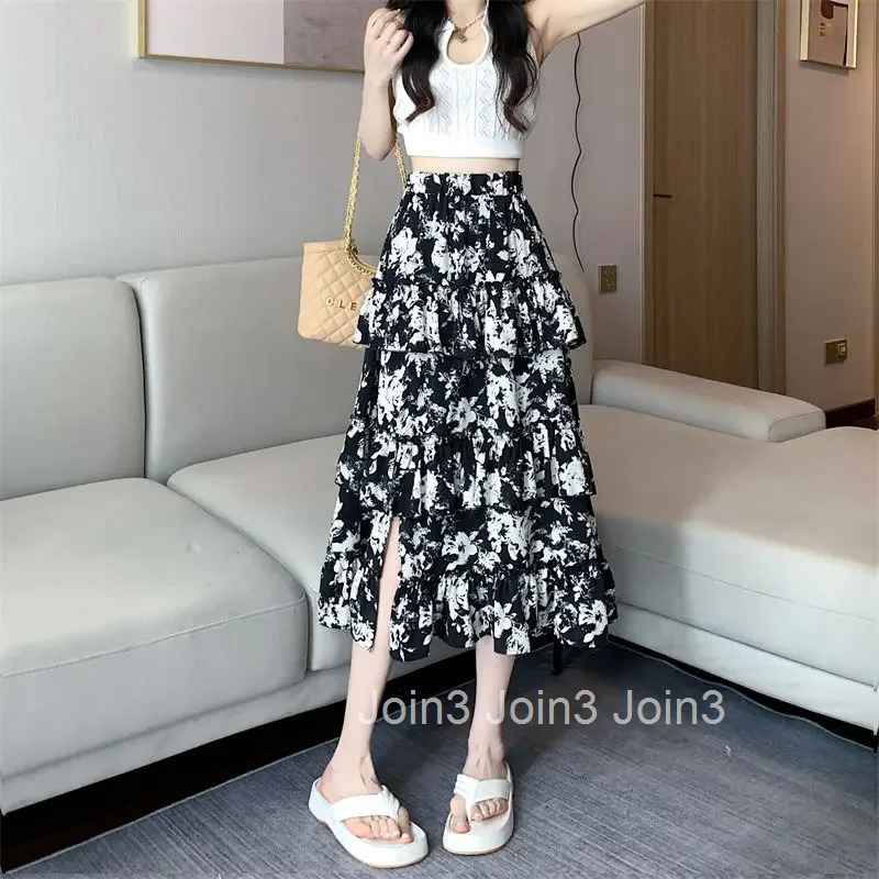 Midi Ruffle Skirts for Women Floral Patchwork Woman Skirt Clothing Sales Casual Premium 2025 Trend A Line Streetwear New in V