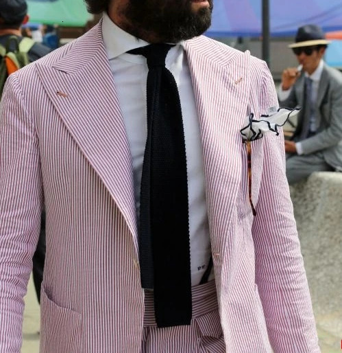 Dark Pink Seersucker Stripe Men Suits Peaked Lapel One Button Blazer Pants 2Pcs Set Mens Clothing Summer Beach Suits for Man 250618