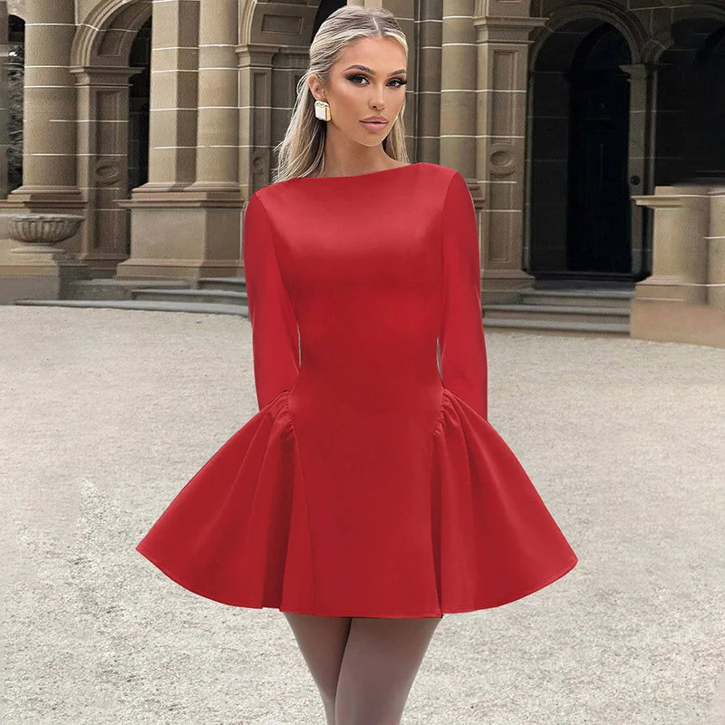 Summer Button Backless Bodycon Short Sexy Aline Dress Women Nightclub Party Long Sleeve Mini Autumn Dress 250617