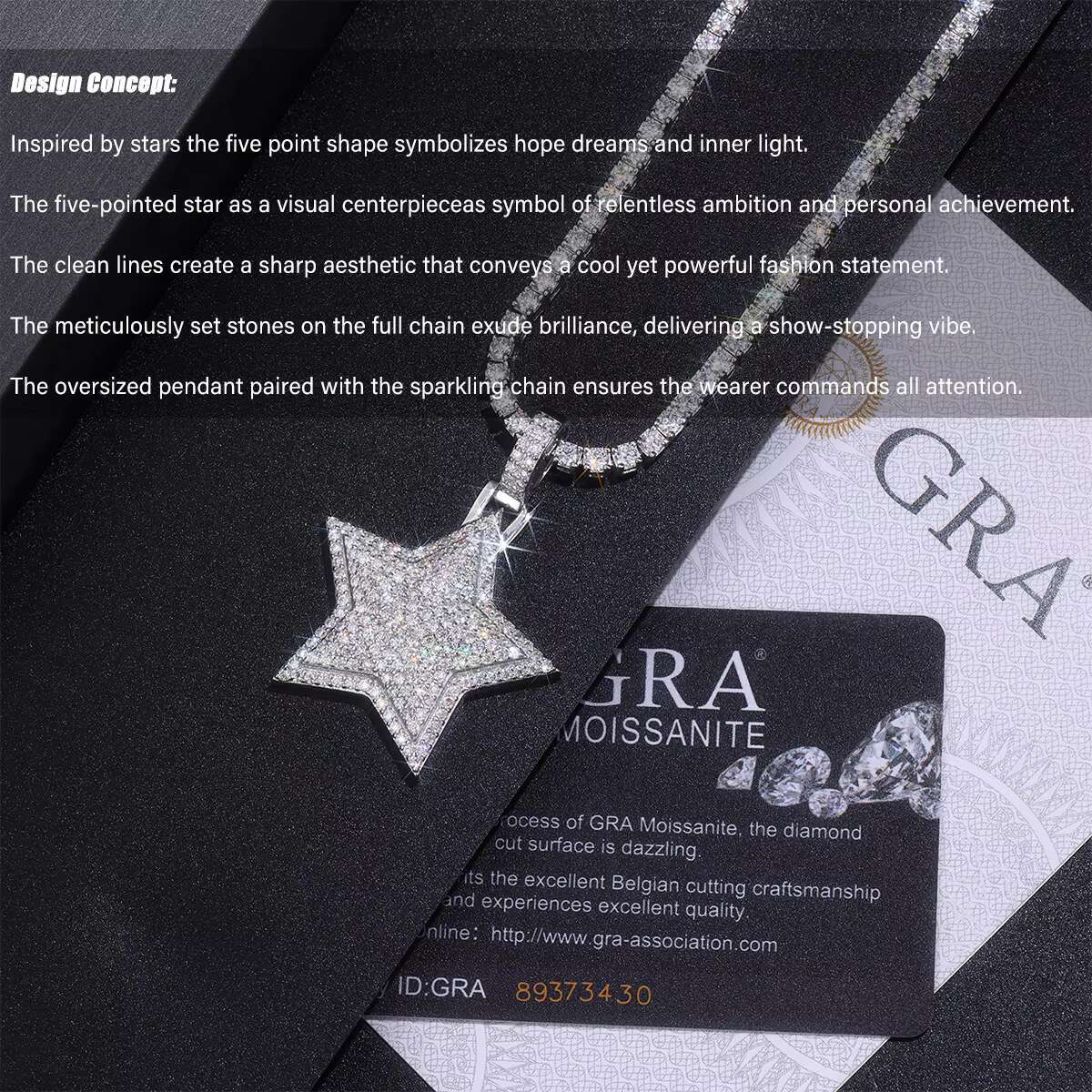 1pc Moissanite Pendant Necklace Star Shape Hip Hop Style 925 Sterling Silver Platinum Plated Full Moissanite Pave Party Jewelry