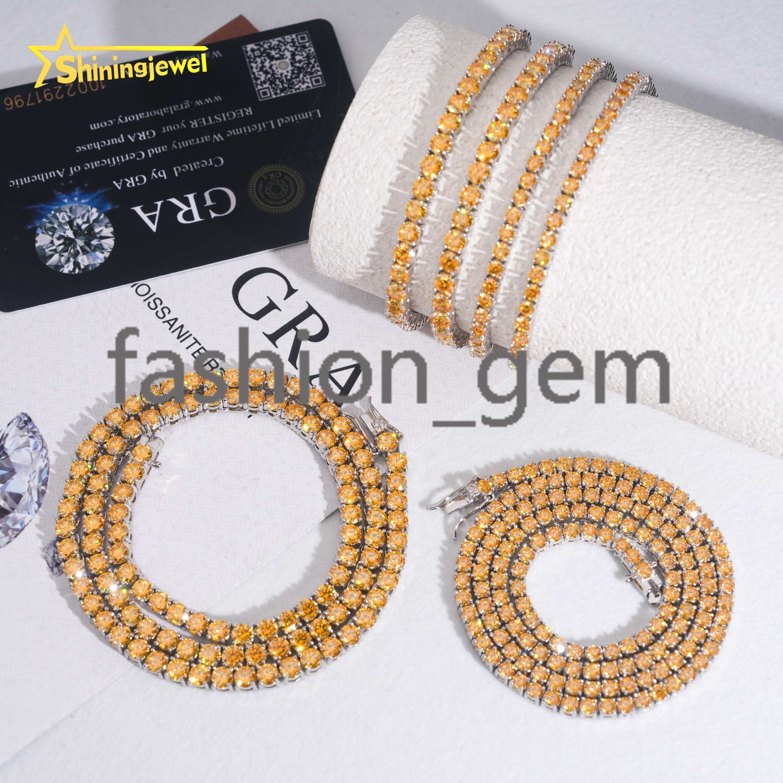 New Arrival 3mm 4mm Yellow Gold Moissanite Diamond Tennis Necklace 925 Silver Fashion Jewelry Hip Hop Tennis Chains Bracelet
