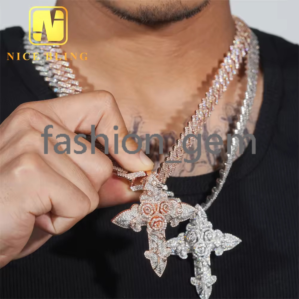 NEW ARRIVAL 3d Rose Cross Pendant Moissanite Pass Diamond Tester Iced Out Pendant Religious Jewelry Moissanite Hip Hop Pendant