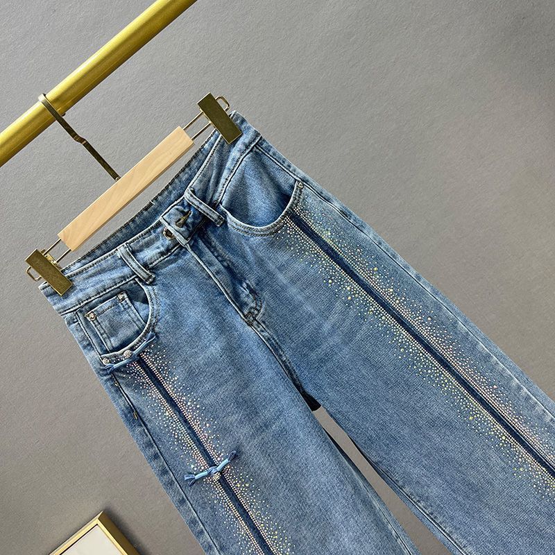 Cowboy wide leg pants for women with long pants 2025 new autumn high waisted loose fit slimming hot pressed diamond floor pants