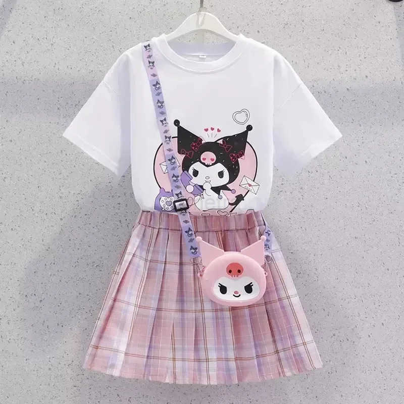 Sanrio Children Sanrio Kuromi Skirt Suit Summer Teen Girls Short-Sleeved Cartoon T-shirt Tops+Plaid Pleated Skirt 2Pce Set Preppy DressXJ250618