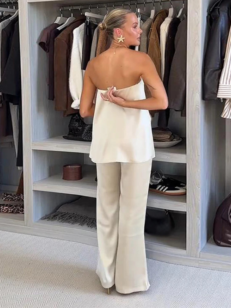 Elegant Tube Tops Womens Trouser Suits Backless Top Wide Leg Pants 2025 Spring Summer High Street Fashion 2 Pieces Set Women 250617