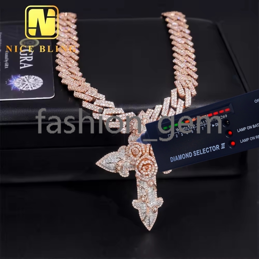 NEW ARRIVAL 3d Rose Cross Pendant Moissanite Pass Diamond Tester Iced Out Pendant Religious Jewelry Moissanite Hip Hop Pendant