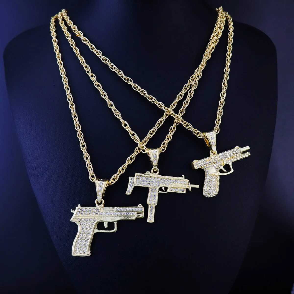 Mens Rhinestone Gun Charm Necklace W250618